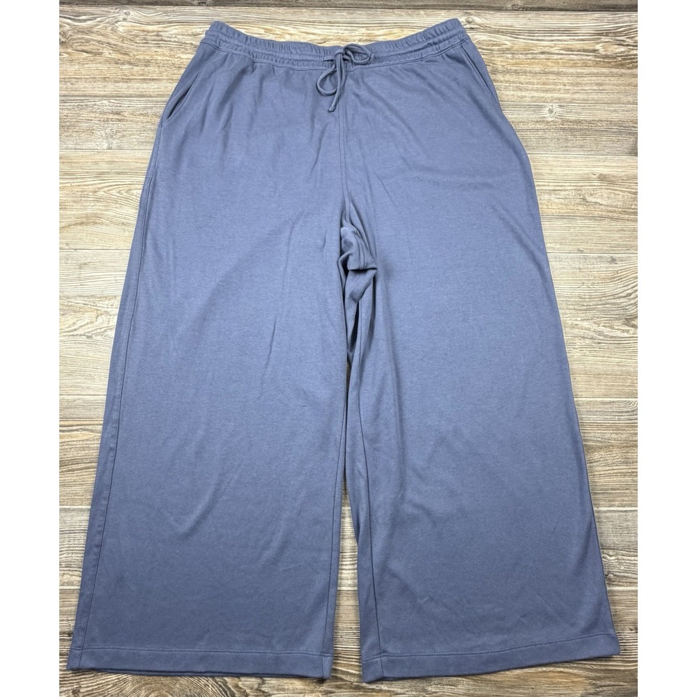 Lands End Sport Knit Crop Pant Womens XL (18) Wide Leg Blue Drawstring Cotton